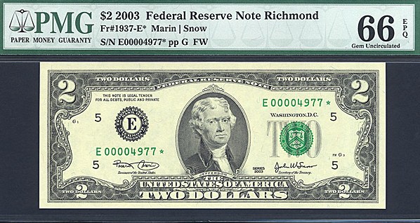 image for: Fr.1937E* 2003 $2  PMG Gem CU66 EPQ  [E00004977] *Star* 