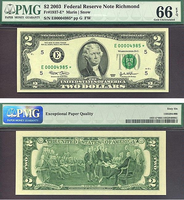 image for: Fr.1937E* 2003 $2  PMG Gem CU66 EPQ  [E00004985] *Star* 