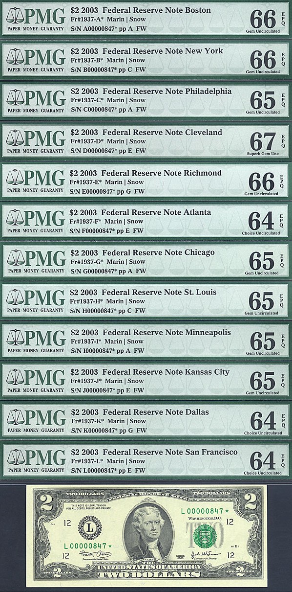 image for: Fr.1937A* 2003 $2  PMG Gem CU64-67 EPQ  [A00000847] *12 Piece Premium District Star Note Set* 