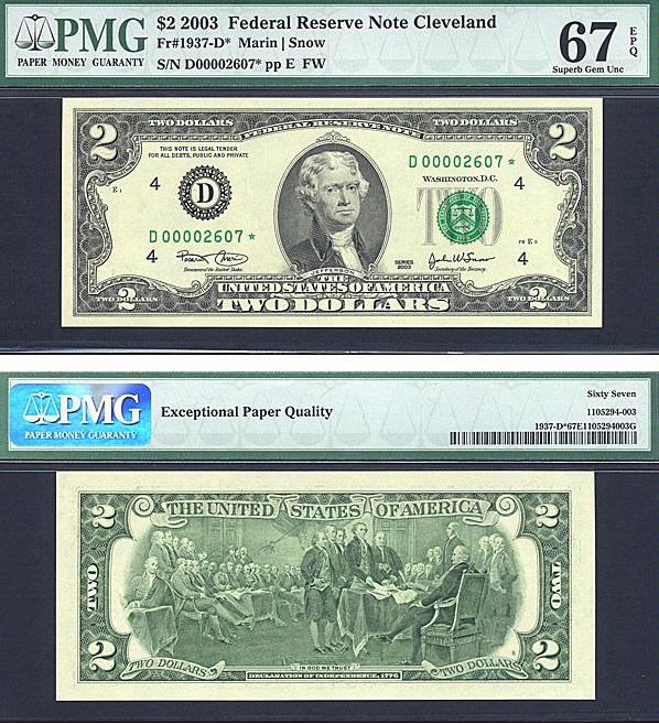 image for: Fr.1937D* 2003 $2  PMG Gem CU67 EPQ  [D00002607] *Star* 