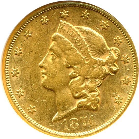 image for: 1874-CC $20  NGC AU53