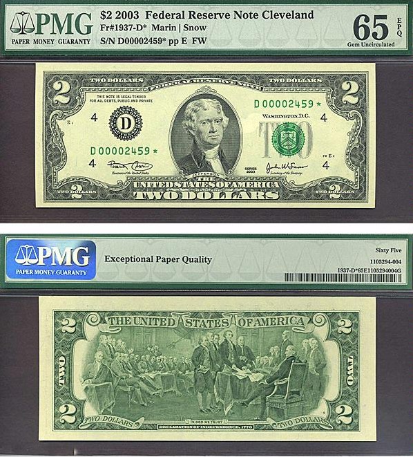 image for: Fr.1937D* 2003 $2  PMG Gem CU65 EPQ [D00002459] *Star* 