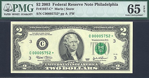 image for: Fr.1937C* 2003 $2  PMG Gem CU65 EPQ [C00005752] *Star* 