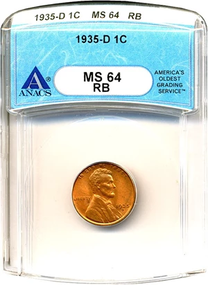 image for: 1935-D 1c ANACS MS64 RB