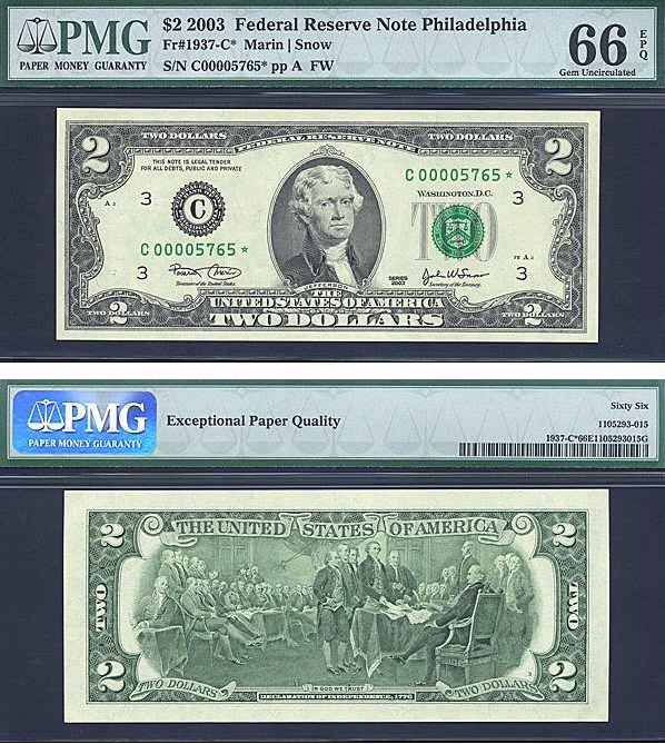 image for: Fr.1937C* 2003 $2  PMG Gem CU66 EPQ [C00005765] *Star* 