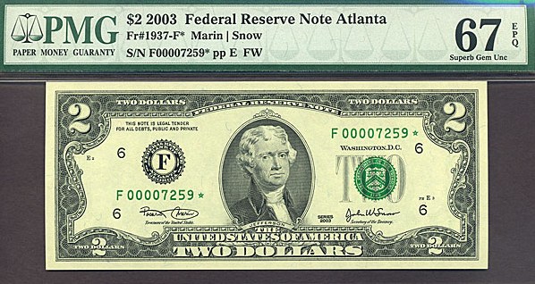 image for: Fr.1937F* 2003 $2  PMG Gem CU67 EPQ  [F00007259] *Star* 