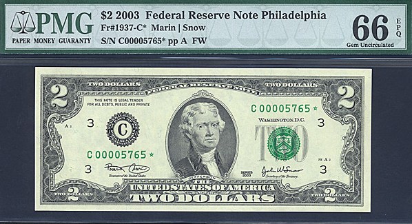 image for: Fr.1937C* 2003 $2  PMG Gem CU66 EPQ [C00005765] *Star* 