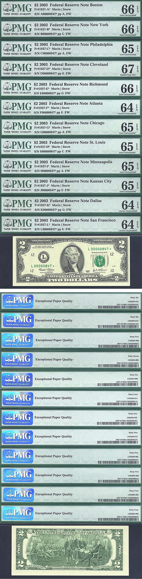 image for: Fr.1937A* 2003 $2  PMG Gem CU64-67 EPQ  [A00000847] *12 Piece Premium District Star Note Set* 