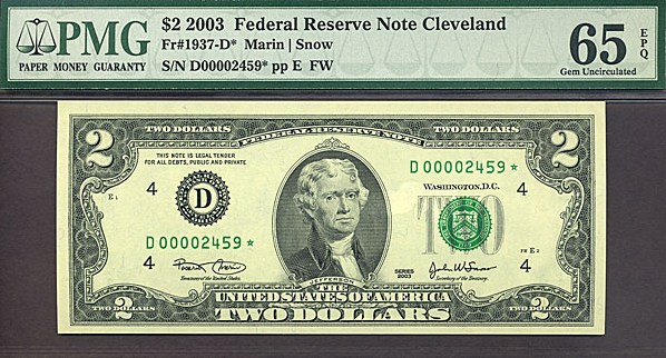 image for: Fr.1937D* 2003 $2  PMG Gem CU65 EPQ [D00002459] *Star* 