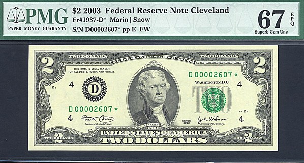 image for: Fr.1937D* 2003 $2  PMG Gem CU67 EPQ  [D00002607] *Star* 