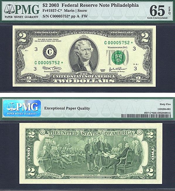 image for: Fr.1937C* 2003 $2  PMG Gem CU65 EPQ [C00005752] *Star* 