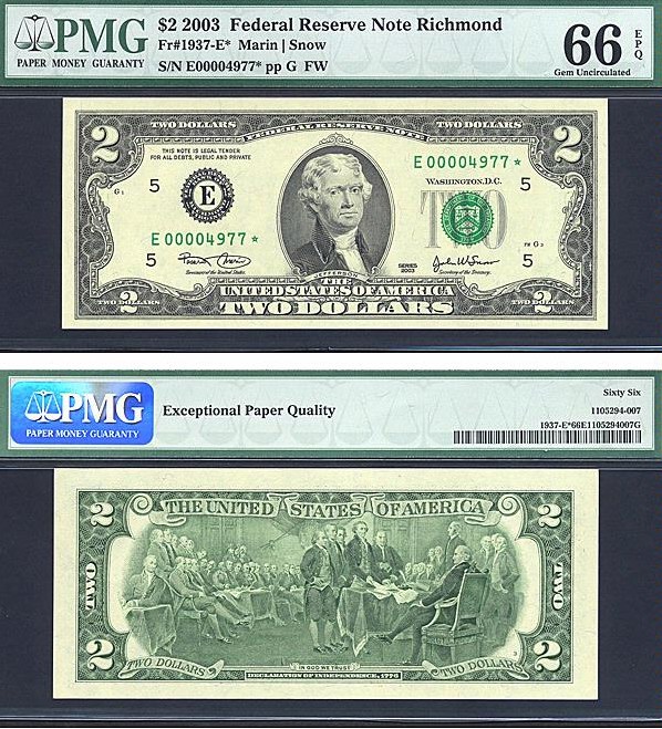 image for: Fr.1937E* 2003 $2  PMG Gem CU66 EPQ  [E00004977] *Star* 