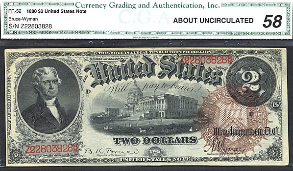 image for: Fr.52 1880 $2 Bracelet Reverse CGA AU58  [Z22803828]