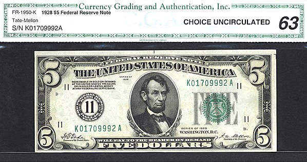 image for: Fr.1950K 1928 $5  CGA Choice CU63  [K017809992A]