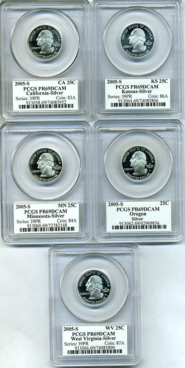 image for: 2005-S 25c State Quarters Proof Set - Silver (5 coins) PCGS Proof 69 DCameo