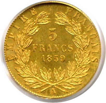 image for: France: 1859-A 5 Fr Gold PCGS MS63