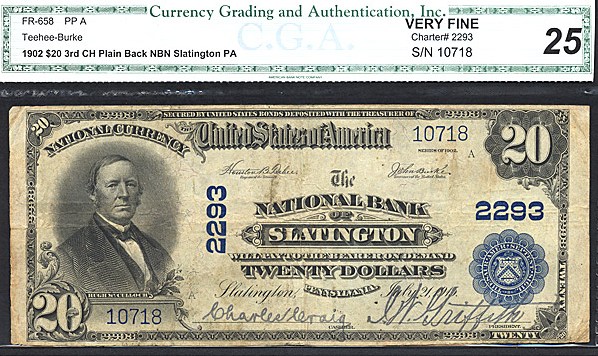 image for: Fr.658 1902 $20 Third Charter Period, 3rd Issue, Plain Back CGA VF25 #2293 Pennsylvania [10718]