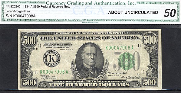 image for: Fr.2202K 1934A $500  CGA AU50  [K00047908A]