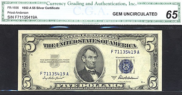 image for: Fr.1656 1953A $5  CGA Gem CU65  [F71135419A]