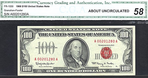 image for: Fr.1550 1966 $100 Red Seal CGA AU58  [A00201280A]