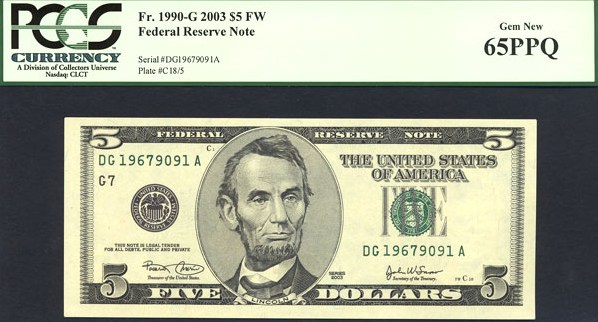 image for: Fr.1990G 2003 $5 Ft. Worth, TX PCGS Gem CU65 PPQ [DG19679091A]