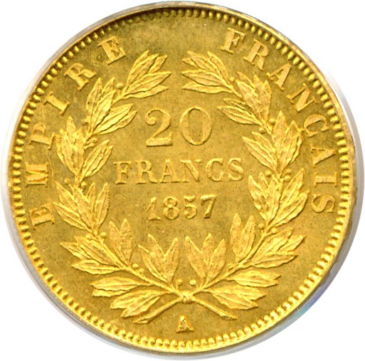 image for: France: 1857-A 20 Fr  PCGS MS65  (KM-781.1)