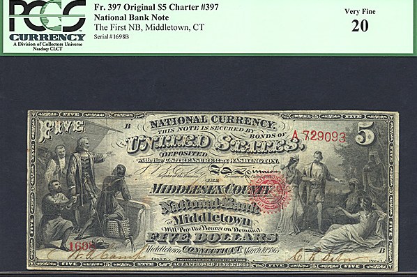 image for: Fr.397 Original $5 First Charter Period PCGS VF20 #845 Connecticut [1698]