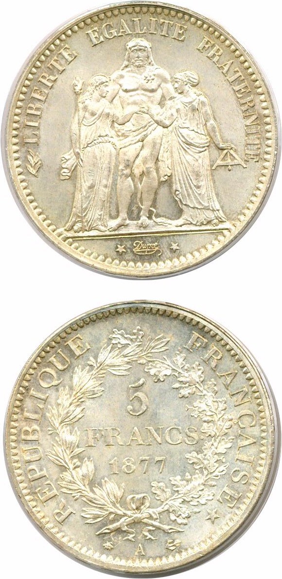 image for: France: 1877-A 5 Fr  PCGS MS67