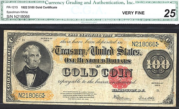 image for: Fr.1215 1922 $100  CGA VF25  [N218066]