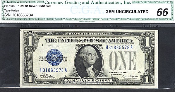 image for: Fr.1600 1928 $1  CGA Gem CU66  [H31865578A]