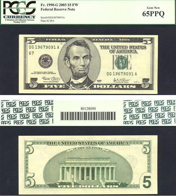 image for: Fr.1990G 2003 $5 Ft. Worth, TX PCGS Gem CU65 PPQ [DG19679091A]