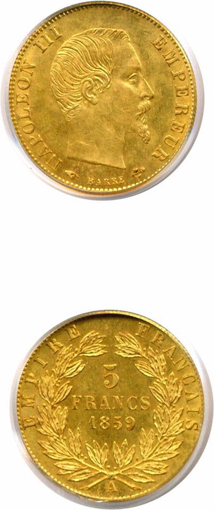 image for: France: 1859-A 5 Fr Gold PCGS MS63