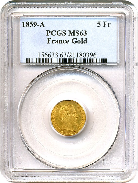 image for: France: 1859-A 5 Fr Gold PCGS MS63