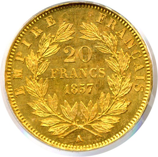image for: France: 1857-A 20 Fr  PCGS MS65  (KM-781.1)