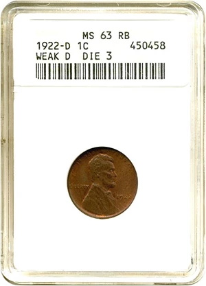 image for: 1922-D 1c Weak D ANACS MS63 RB