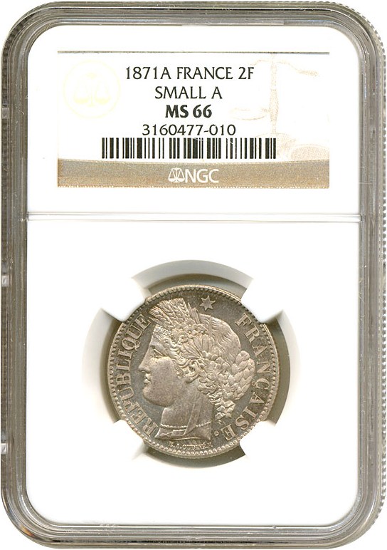 image for: France: 1871-A 2 Fr (Small A) NGC MS66