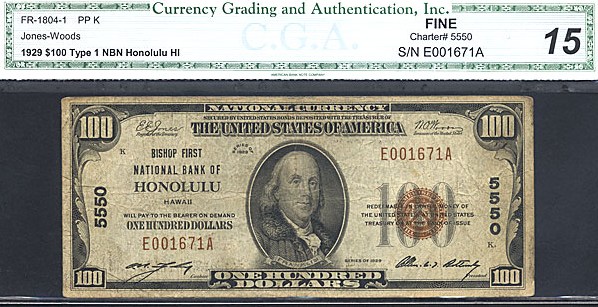 image for: Fr.1804-1 1929 $100  CGA F15 #5550 Hawaii [E001671A]