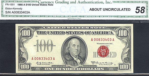 image for: Fr.1551 1966A $100  CGA AU58  [A00833403A]