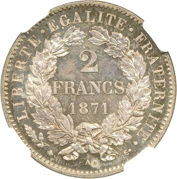 image for: France: 1871-A 2 Fr (Small A) NGC MS66