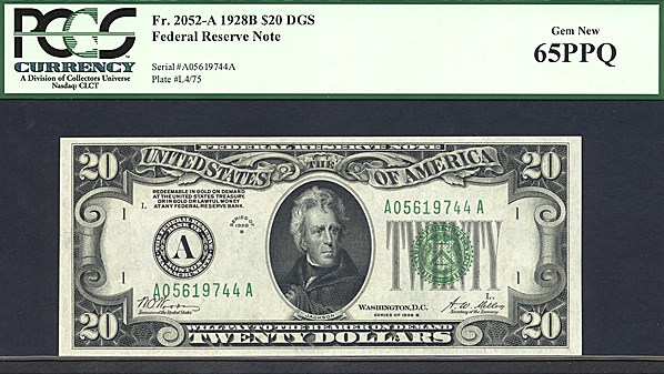 image for: Fr.2052A 1928B $20  PCGS Gem CU65 PPQ  [A05619744A]