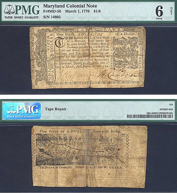 image for: Maryland: Fr.MD50 1770 $1/6 1-Mar PMG Net Good 6 [14805] - Tape Repair