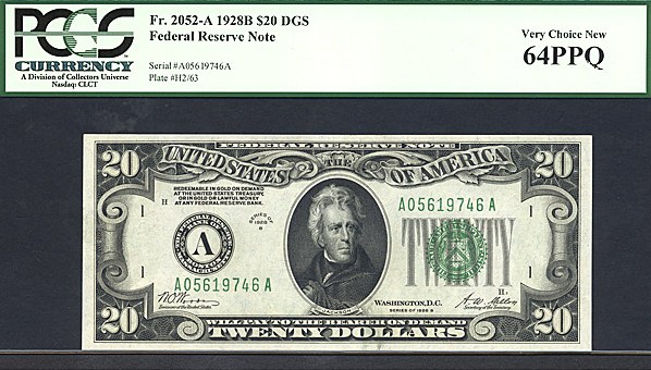 image for: 1928B $20 PCGS Choice CU64 PPQ (Fr.2052A)