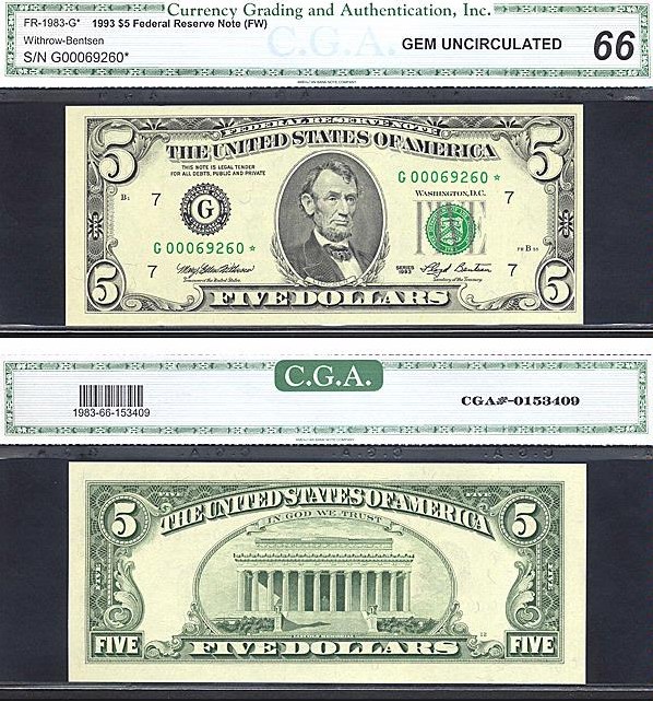 image for: Fr.1983G 1993 $5 Fort Worth, TX CGA Gem CU66  [G00069260] *Star* 