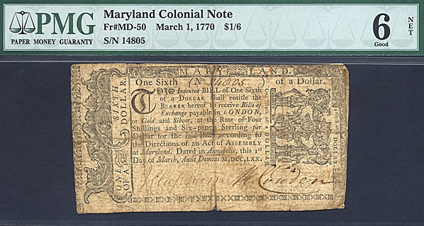 image for: Maryland: Fr.MD50 1770 $1/6 1-Mar PMG Net Good 6 [14805] - Tape Repair