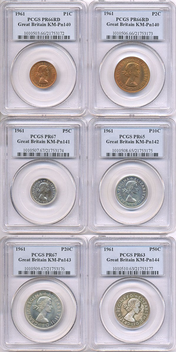 image for: Great Britain: 1961 Proof Set Decimal Pattern (6 pcs) PCGS Proof 66 RD, 66RD, 67, 65, 67, 63