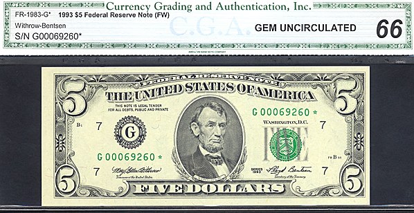 image for: Fr.1983G 1993 $5 Fort Worth, TX CGA Gem CU66  [G00069260] *Star* 