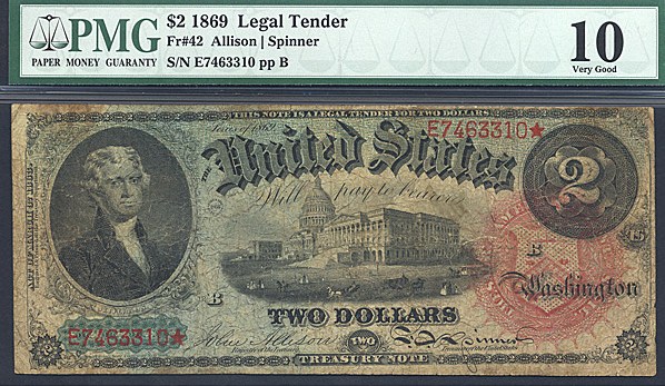 image for: Fr.42 1869 $2  PMG VG10  [E7463310]