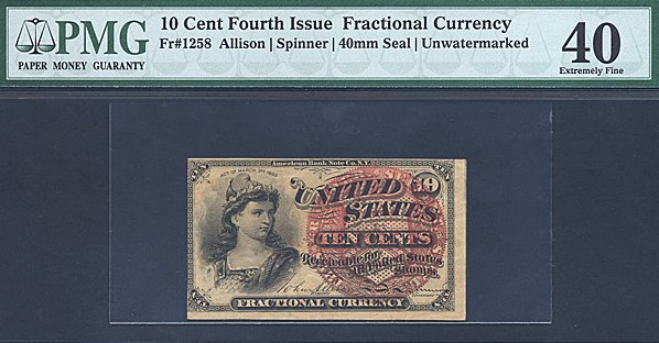 image for: Fractional Currency: Fr.1258  10-Cent Bust of Liberty. PMG XF40 -Hinged [0]