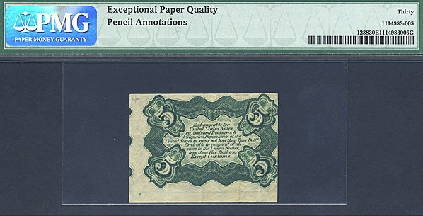 image for: Fractional Currency: Fr.1238  5-Cent Head of Spencer Clark. PMG VF30 EPQ - Pencil Annotation