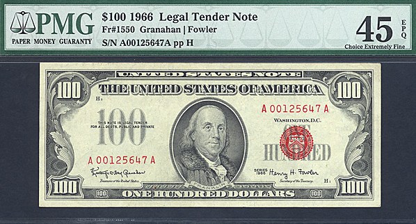 image for: Fr.1550 1966 $100 Red Seal PMG XF45 EPQ [A00125647A] 